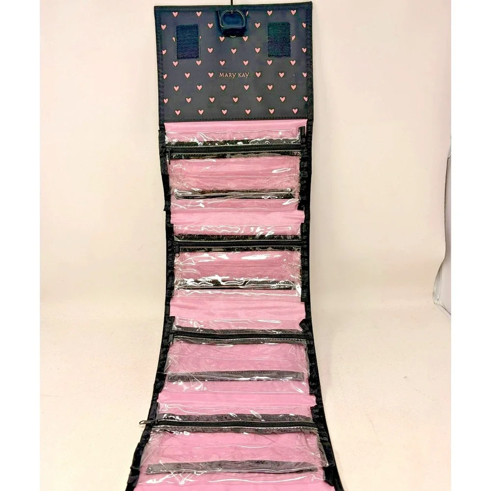 Mary Kay Hanging Travel Cosmetic Organizer Makeup Bag Black Pink Hearts Roll Up